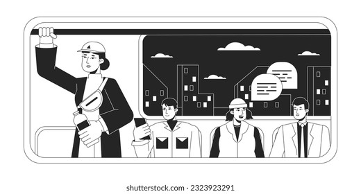 Commuters in metro wagon bw concept vector spot illustration. People sitting near illumination 2D cartoon flat line monochromatic character for web UI design. Editable isolated outline hero image