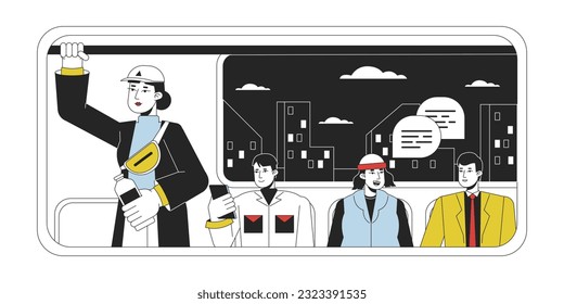 Commuters in metro wagon flat line concept vector spot illustration. People sitting near illumination 2D cartoon outline character on white for web UI design. Editable isolated colorful hero image