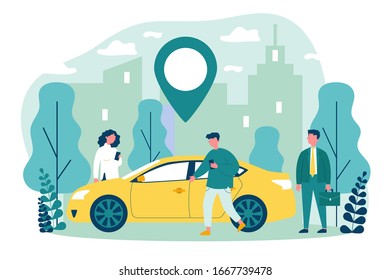 Commuters sharing car in city. People searching vehicle with location pointer. Vector illustration for transport rent, transfer, automobile, travel concept