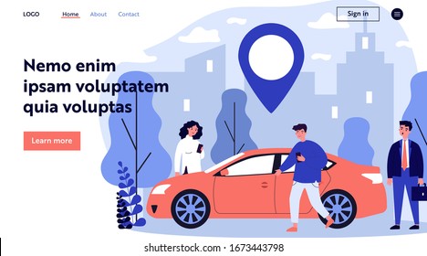 Commuters sharing car in city. People searching vehicle with location pointer. Vector illustration for transport rent, transfer, automobile, travel concept