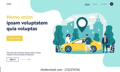 Commuters sharing car in city. People searching vehicle with location pointer. Vector illustration for transport rent, transfer, automobile, travel concept