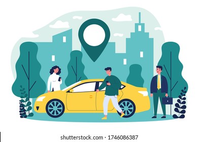 Commuters sharing car in city. People searching vehicle with location pointer. Vector illustration for transport rent, transfer, automobile, travel concept