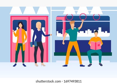 Commuters travelling by subway train. Men and women sitting, standing and reading in carriage. Public transport concept. Vector illustration can be used for topics like passengers, city, tube