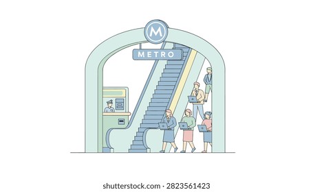 Commuters working on laptops while riding an escalator in a metro subway station with a ticket office visible in the background for transit.