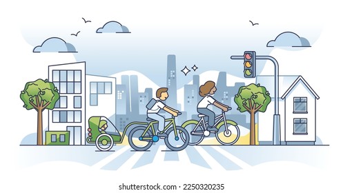 Commuting by bicycle as urban transport from home to work outline concept. Green transportation lifestyle with daily driving by bike vector illustration. Healthy and nature friendly car alternative.