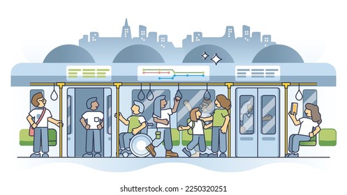 Commuting by metro and use urban underground subway service outline concept. Ride from home to work with public transportation as alternative and nature friendly car alternative vector illustration.