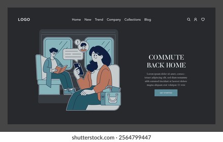 Commuting mother concept. Professional woman multitasking on public transport with digital device and child's thought bubble. Work-life balance challenge. Vector illustration.