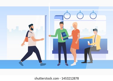 Commuting passengers travelling by train. Using smartphone, carriage with open doors. Public transport concept. Vector illustration can be used for topics like city, commuters, station