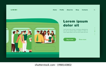 Commuting, transport and overpopulation concept. Crowd of passengers traveling by subway train, standing tight in overcrowded carriage. Flat vector illustration
