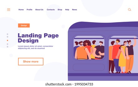 Commuting, transport and overpopulation concept. Crowd of passengers traveling by subway train, standing tight in overcrowded carriage. Flat vector illustration