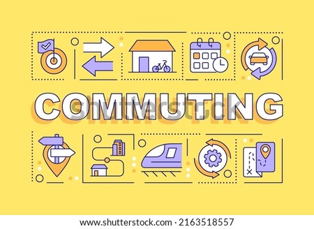 Commuting word concepts yellow banner. Passengers transportation. Infographics with editable icons on color background. Isolated typography. Vector illustration with text. Arial-Black font used