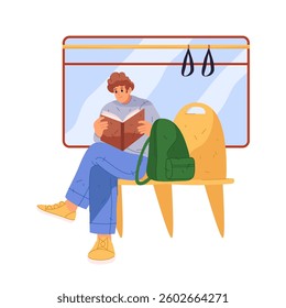 Commuting to work by subway. Vector isolated male personage sitting in train or bus, reading book. Student or worker, traveling on holidays or vacation. Trip or moving in city, underground passenger