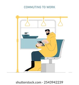 Commuting to Work concept. A man in a yellow coat seated on public transit, absorbed in his phone. Daily urban life and travel routine. Vector illustration.