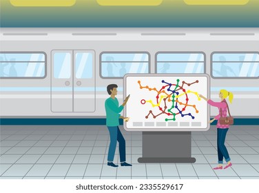 Reiseführer oder Tourist, die auf der Straßenkarte suchen. Vektorgrafik.