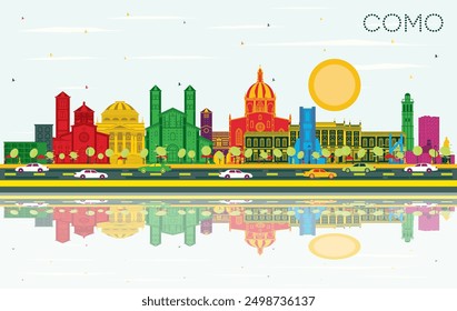 Como Italy City Skyline with Color Buildings, Blue Sky and Reflections. Vector Illustration. Business Travel and Concept with Historic Architecture. Como Cityscape with Landmarks. 