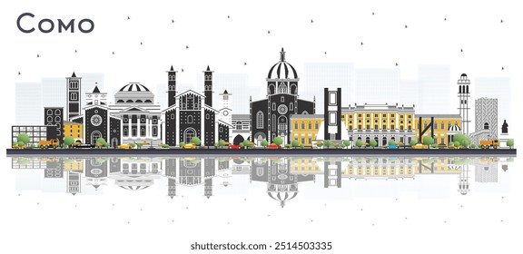 Como Italy City Skyline with Color Buildings and reflections Isolated on White. Vector Illustration. Business Travel and Concept with Historic Architecture. Como Cityscape with Landmarks.