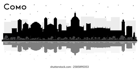 Como Italy City Skyline Silhouette with Black Buildings and reflections Isolated on White. Vector Illustration. Business Travel and Concept with Historic Architecture. Como Cityscape with Landmarks.