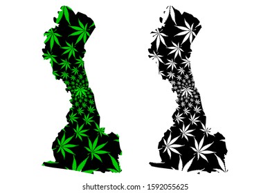 Comoe District (Ivory Coast, Republic of Cote dIvoire) map is designed cannabis leaf green and black, Comoe map made of marijuana (marihuana,THC) foliage