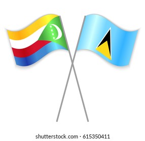 Comoran and Saint Lucian crossed flags. Comoros combined with Saint Lucia isolated on white. Language learning, international business or travel concept.