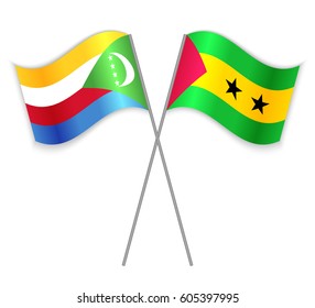 Comoran and Sao Tomean crossed flags. Comoros combined with Sao Tome and Principe isolated on white. Language learning, international business or travel concept.