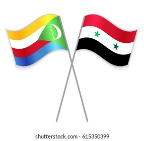 Comoran and Syrian crossed flags. Comoros combined with Syria isolated on white. Language learning, international business or travel concept.