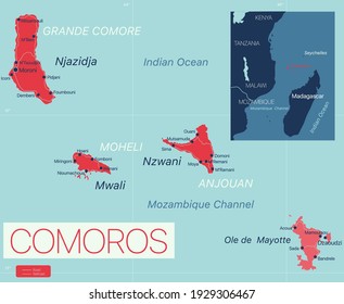 Comores Islands detailed editable map with regions cities and towns, roads and railways, geographic sites. Vector EPS-10 file