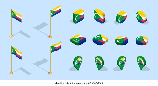 Comorian flag (Union of the Comoros). 3D isometric flag set icon. Editable vector for banner, poster, presentation, infographic, website, apps, maps, and other uses.