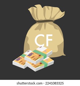 Comorian Franc Vector Illustration. Comoros money set bundle banknotes. Money bag 10000 KMF. Flat style. Isolated on white background. Simple minimal design.