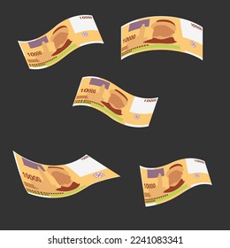 Comorian Franc Vector Illustration. Comoros money set bundle banknotes. Falling, flying money 10000 KMF. Flat style. Isolated on white background. Simple minimal design.