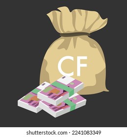 Comorian Franc Vector Illustration. Comoros money set bundle banknotes. Money bag 5000 KMF. Flat style. Isolated on white background. Simple minimal design.