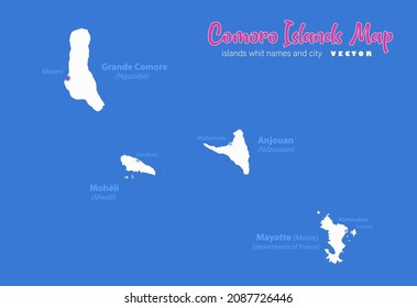 Comoro Islands map, island whit names and city, blue background vector