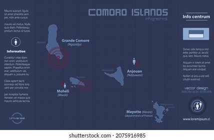 Comoro Islands map, separate regions with names, infographics blue flat design vector