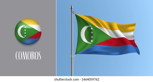 Comorors waving flag on flagpole and round icon vector illustration. Realistic 3d mockup of stripes of  flag and circle button 