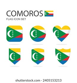 Komoren 3D-Flaggensymbole von 6 Formen, alle einzeln auf weißem Hintergrund.