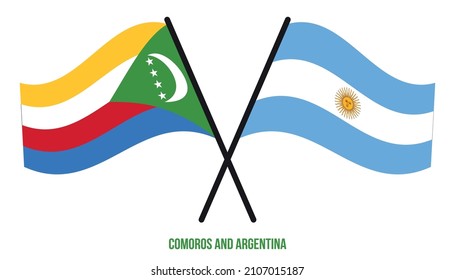 Comoros and Argentina Flags Crossed And Waving Flat Style. Official Proportion. Correct Colors.