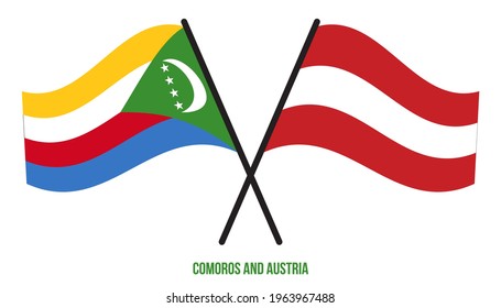 Comoros and Austria Flags Crossed And Waving Flat Style. Official Proportion. Correct Colors.
