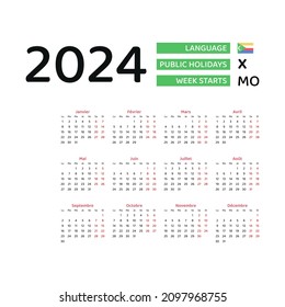 Comoros Calendar 2024. Week starts from Monday. Vector graphic design. French language.