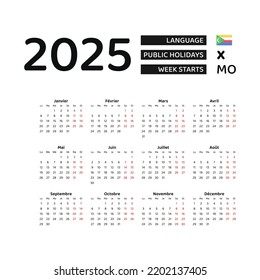 Comoros Calendar 2025. Week starts from Monday. Vector graphic design. French language.