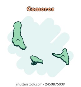 Comoros cartoon colored map icon in comic style. Country sign illustration pictogram. Nation geography atlas business concept.	
