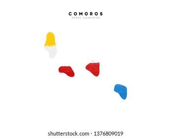 Comoros detailed map with flag of country. Painted in watercolor paint colors in the national flag.