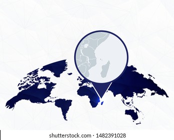 Comoros detailed map highlighted on blue rounded World Map. Map of Comoros in circle.