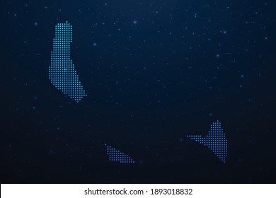 Comoros dotted map in futuristic style, glowing outline made of stars lines dots. Communication, internet technologies concept on dark blue space background. Vector illustration.