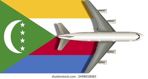 Bandera de COMORAS con avión volando sobre ella de cerca. Imagen de Vector.