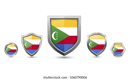 Comoros flag badges - silver shape shield circle hexagon - vector illustration