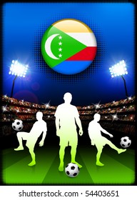Comoros Flag Button with Soccer Match in Stadium Original Illustration