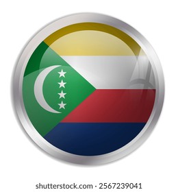 Comoros flag - glossy circle button displays a colorful flag representing a country cultural identity and heritage. The essence of national pride and unity.