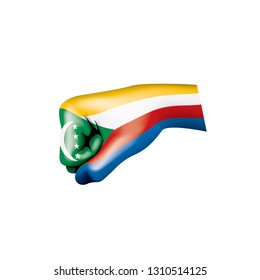 Comoros flag and hand on white background. Vector illustration