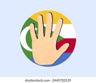 Comoros flag with hand stop sign, protest and human rights idea, vector design, protest in Comoros, restriction or banned emblem, violation of freedom of expression, stop war