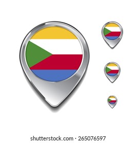 Comoros flag map pointer. 3d Map Pointer with flag glossy button style on gray background