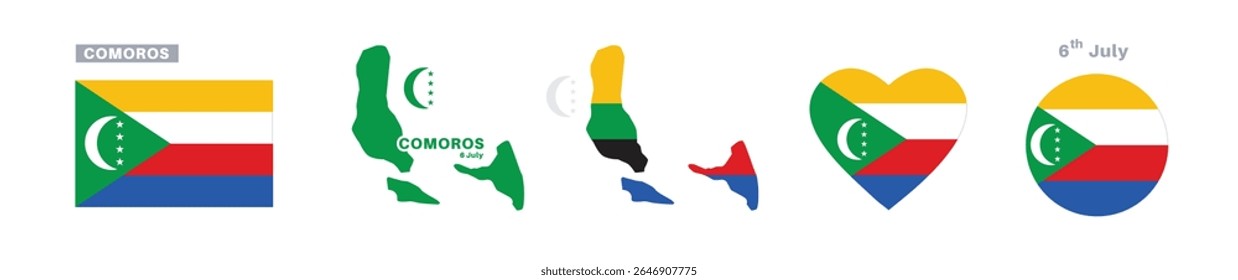 comoros flag and map set. comoros flag in official colors and proportions. independence day 6 july, map, circle and heart shaped comoros